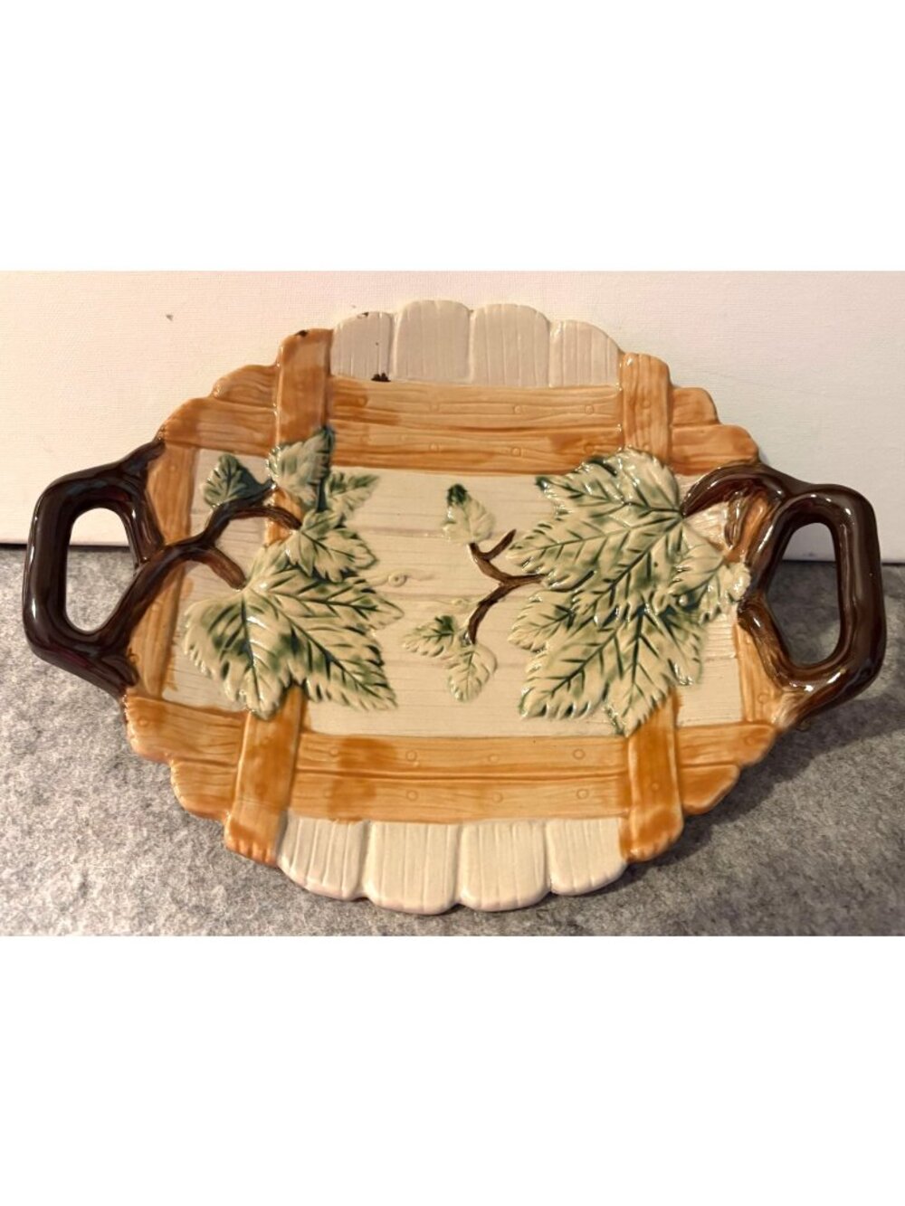 Vintage Majolica Two Handled Serving Tray /Basket Weave With  Leaves  # 3356